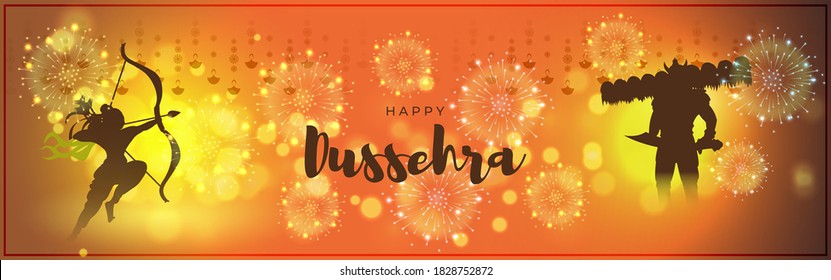 Vector illustration of Happy Dussehra greeting, Indian festival, Lord Rama holding bow and arrow in hands killing Ravana, fireworks, danglers, temples, beautiful bokeh background.