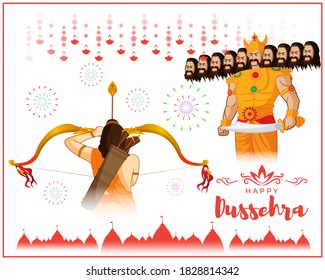 Vector illustration of Happy Dussehra greeting, Indian festival, Lord Rama holding bow and arrow in hands killing Ravana, fireworks, danglers, temples, beautiful bokeh background.