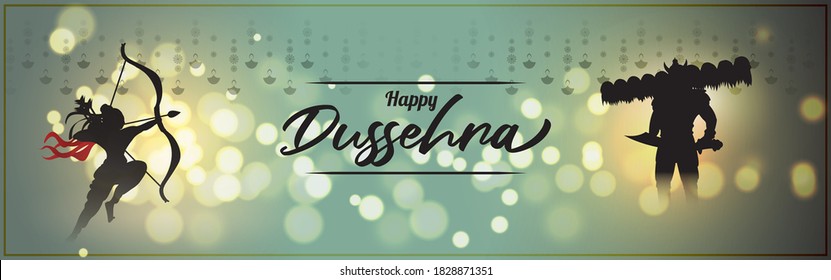 Vector illustration of Happy Dussehra greeting, Indian festival, Lord Rama holding bow and arrow in hands killing Ravana, fireworks, danglers, beautiful bokeh background.