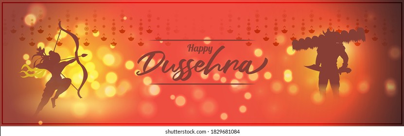 Vector illustration of Happy Dussehra greeting, Indian festival, Lord Rama holding bow and arrow in hands killing Ravana, fireworks, danglers, beautiful bokeh background.
