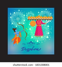 Vector illustration of Happy Dussehra greeting, Indian festival, Lord Rama holding bow and arrow in hands killing Ravana, fireworks, danglers, beautiful bokeh background.