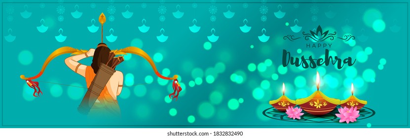Vector illustration of Happy Dussehra greeting, Indian festival, Lord Rama holding bow and arrow in hands killing Ravana, fireworks, danglers, beautiful bokeh background.