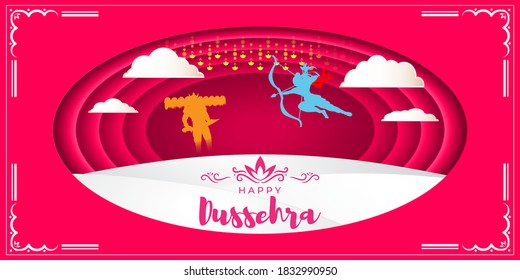 Vector illustration of Happy Dussehra greeting, Indian festival, Lord Rama holding bow and arrow in hands killing Ravana, fireworks, danglers, beautiful bokeh background. paper cut effect