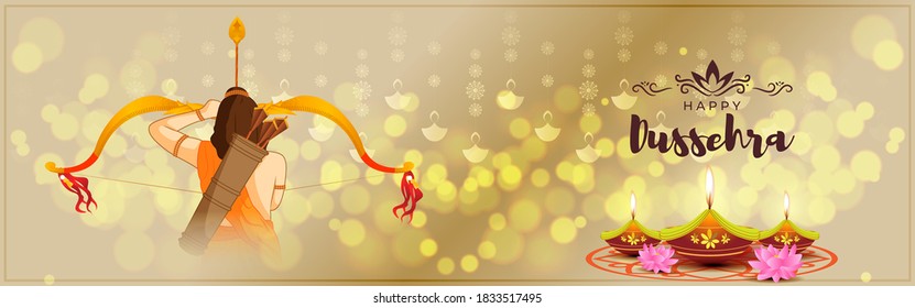 Vector illustration of Happy Dussehra greeting, Indian festival, Lord Rama holding bow and arrow in hands killing Ravana, fireworks, danglers, beautiful bokeh background.