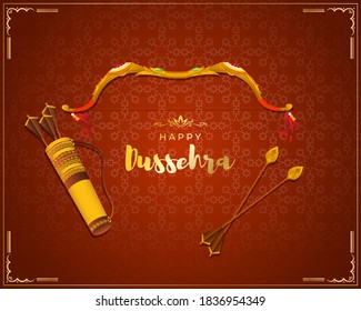 Vector illustration of Happy Dussehra greeting, Indian festival,  bow and arrow , oil lamp, beautiful geometrical  background.