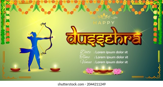 Vector illustration of Happy Dussehra greeting, Indian festival,  bow and arrow , oil lamp, beautiful geometrical  background.