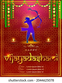 Vector illustration of Happy Dussehra greeting, Indian festival,  bow and arrow , oil lamp, beautiful geometrical  background.