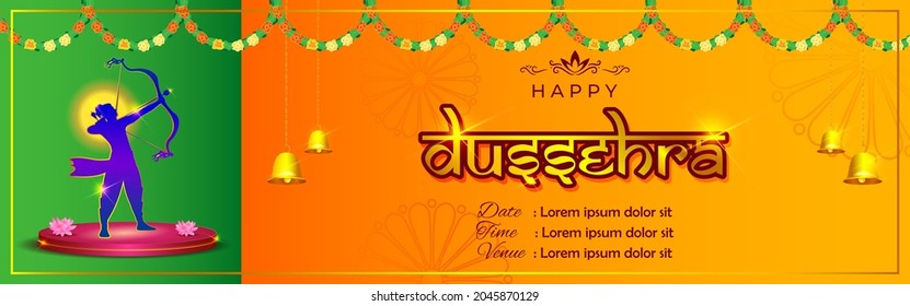 Vector illustration of Happy Dussehra greeting, Indian festival,  bow and arrow , oil lamp, beautiful geometrical  background.
