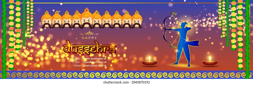 Vector illustration of Happy Dussehra greeting, Indian festival,  bow and arrow , oil lamp, beautiful geometrical  background.