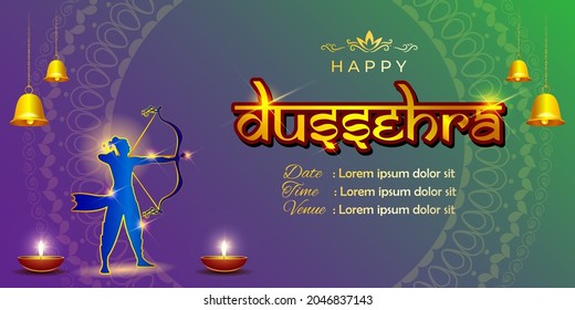 Vector illustration of Happy Dussehra greeting, Indian festival,  bow and arrow , oil lamp, beautiful geometrical  background.