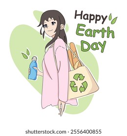 Vector Illustration of Happy Earth Day in Anime Style, Transparent Background, Eco-Friendly Image