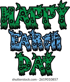 Vector Illustration of Happy Earth Day Text Design - Green and Blue Floral Silhouette Clipart