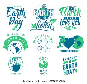 Vector illustration of happy Earth day element set with earth world globe, leaves, heart, type lettering text sign. Logo template design for quote poster, greeting card, eco print, cool badge