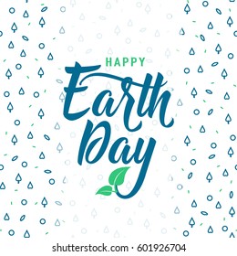 Vector illustration of happy Earth day greeting card with lettering text, leaves on hipster geometric pattern in fashion Memphis style
