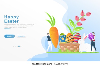 Vector illustration happy easter. 2 people with happy bring carrots and Easter ornamental eggs, decorative eggs concept in a basket, rabbits, flowers. for header, web, banner. apps. Flat cartoon style