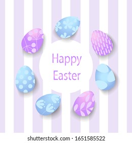 Vector illustration. Happy Easter background with blue and pink decorated eggs and cute stripes. Card fashionable design. Invitation template, poster, flyer, or banner.