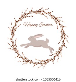 Vector illustration of Happy Easter. Easter bunny. A wreath of willow branches with an inscription.