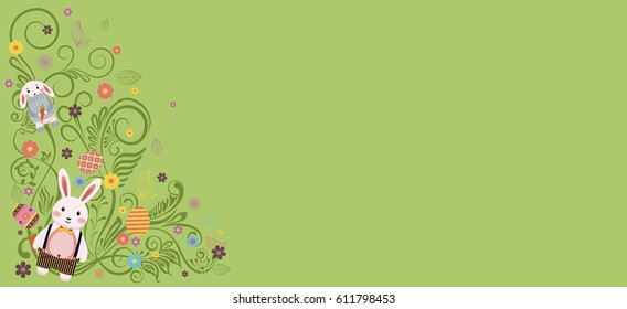 Vector illustration Happy Easter bunny, rabbit, hare, lapin, colored Easter eggs, spring decoration, leave, flower on lime green background for printed materials, postcard, greeting, festive, card