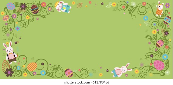 Vector illustration Happy Easter bunny, rabbit, hare, lapin, colored Easter eggs, spring decoration, leave, flower on lime green background for printed materials, postcard, greeting, festive, card