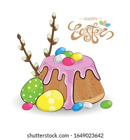 Vector illustration happy easter. Easter cake and eggs.Vector greeting card with Easter