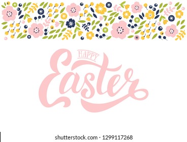 Vector illustration of Happy Easter card with flowers. Template for poster, cards, banner.  