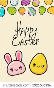 vector illustration happy easter card egg hunt, kawaii rabbit and eggs, colorful greating card 
