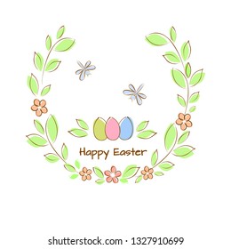 Vector illustration of Happy Easter card, with Easter eggs, moths in green twigs with leaves and flowers.
