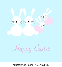 Vector illustration happy Easter card comic style with two grown rabbits and two bunnies hatching from egg. Funny Easter card concept white. And pink on blue background