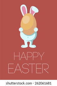 Vector illustration of Happy Easter card with rabbit holding egg. Red background. 