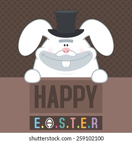 Vector illustration. Happy easter cards illustration with unusual thick white Easter bunny and fonts. Modern and creative colorful illustration for greeting cards, posters, banners and flyers.