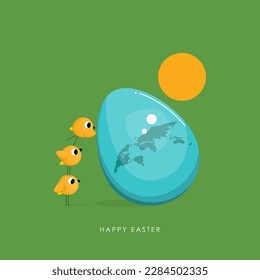 Vector illustration Happy Easter. Chicks maintain world balance. Isolated vector. Postcard Happy Easter. Design for poster, banner.