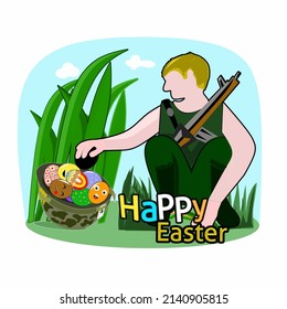 Vector illustration of happy easter day. Soldier hunt a helmet full of easter egg in war. Good as website, banner, poster or cover