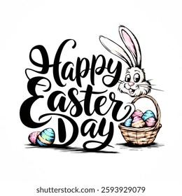  Vector illustration.  Happy Easter day. Hand drawn calligraphic lettering. Isolated color text on white background.