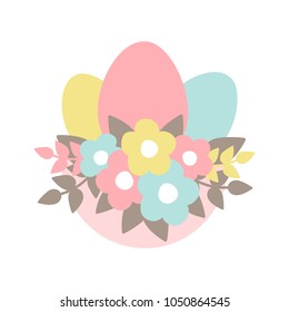 Vector illustration for Happy Easter of eggs in basket with flowers. Pink, blue, yellow colors. Flat design spring banner. Vector cute easter basket with eggs for card, poster, invitation. EPS 10.