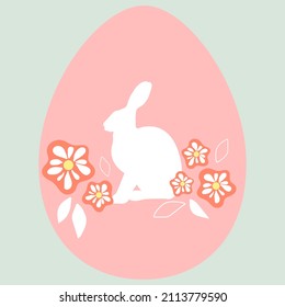 Vector illustration of Happy Easter. Fashionable Easter egg design with flowers and a silhouette of a sitting hare in pastel colors.