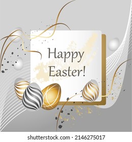 Vektorgrafik "Happy Oaster" mit goldenen und silbernen Eiern; Die Urlaubskarte für die Frühlingsferien
