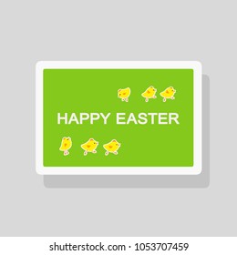 
Vector illustration of Happy Easter greeting card with funny little chickens on green background 