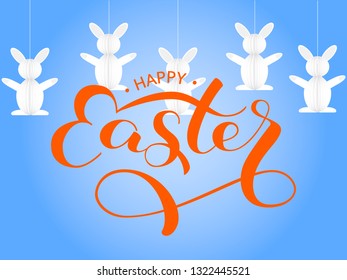 Vector illustration. Happy Easter greeting card with paper easter rabbit decoration on blue Background