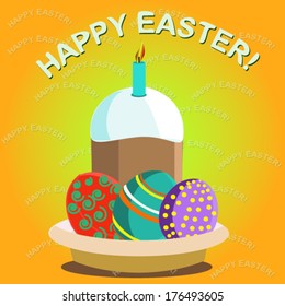 Vector illustration of Happy Easter greeting card with colorful eggs and cake with candle. Orange background.