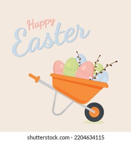 Vektorgrafik der Grußkarte "Frohe Ostern" mit Karren, Eiern und Wildschweinen. Sommerferien