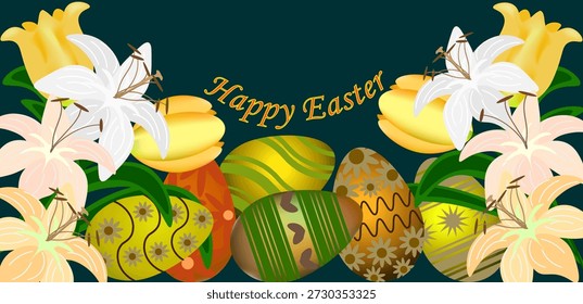 Ilustração vetorial de cartão de felicitações da Páscoa Feliz com ovos decorados com padrões cercados por tulipas amarelas florescentes e lírios brancos, folhas verdes e borda floral em fundo de marrom escuro.