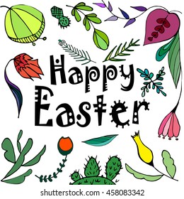 Vector illustration of a happy Easter greeting card with frame of vegetation