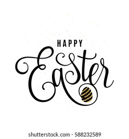 Vector illustration of happy easter greeting template with lettering text phrase and striped glitter egg isolated on white grunge background in luxury style