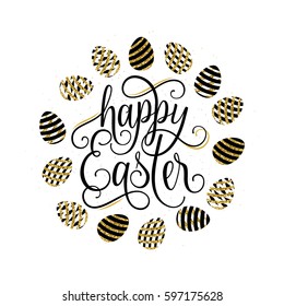 Vector illustration of happy easter greeting template with lettering text phrase in round shape frame consist on striped glitter eggs isolated on white grunge background