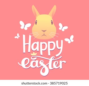 Vector illustration of Happy Easter greetings with head of yellow bunny on pink background. Art design for web, site, advertising, banner, poster, card, paper print, postcard.