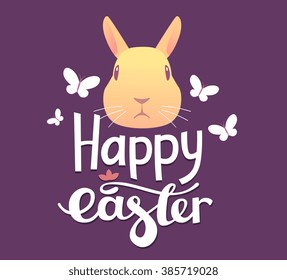 Vector illustration of Happy Easter greetings with head of yellow bunny on dark purple background. Art design for web, site, advertising, banner, poster, card, paper print, postcard.