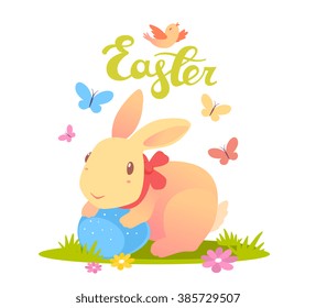 Vector illustration of Happy Easter greetings with yellow bunny with ribbon holding blue egg on white background. Art design for web, site, advertising, banner, poster, card, paper print, postcard.