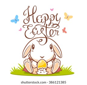 Vector illustration of Happy Easter greetings with white bunny holding yellow egg on green grass background. Art design for web, site, advertising, banner, poster, card, paper print, postcard.