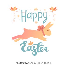Vector illustration of Happy Easter greetings with yellow bunny with ribbon and blue text on white background. Art design for web, site, advertising, banner, poster, card, paper print, postcard.