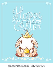 Vector illustration of Happy Easter greetings with white bunny holding yellow egg on blue background. Line art design for web, site, advertising, banner, poster, card, paper print, postcard.